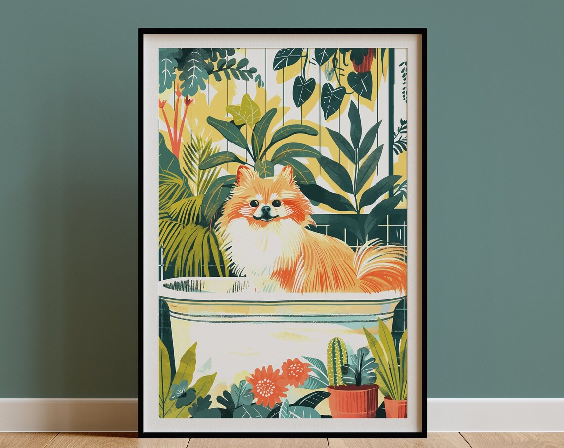 Pomeranian Bathtub Wash Tub Botanical Green House Plant Art Poster