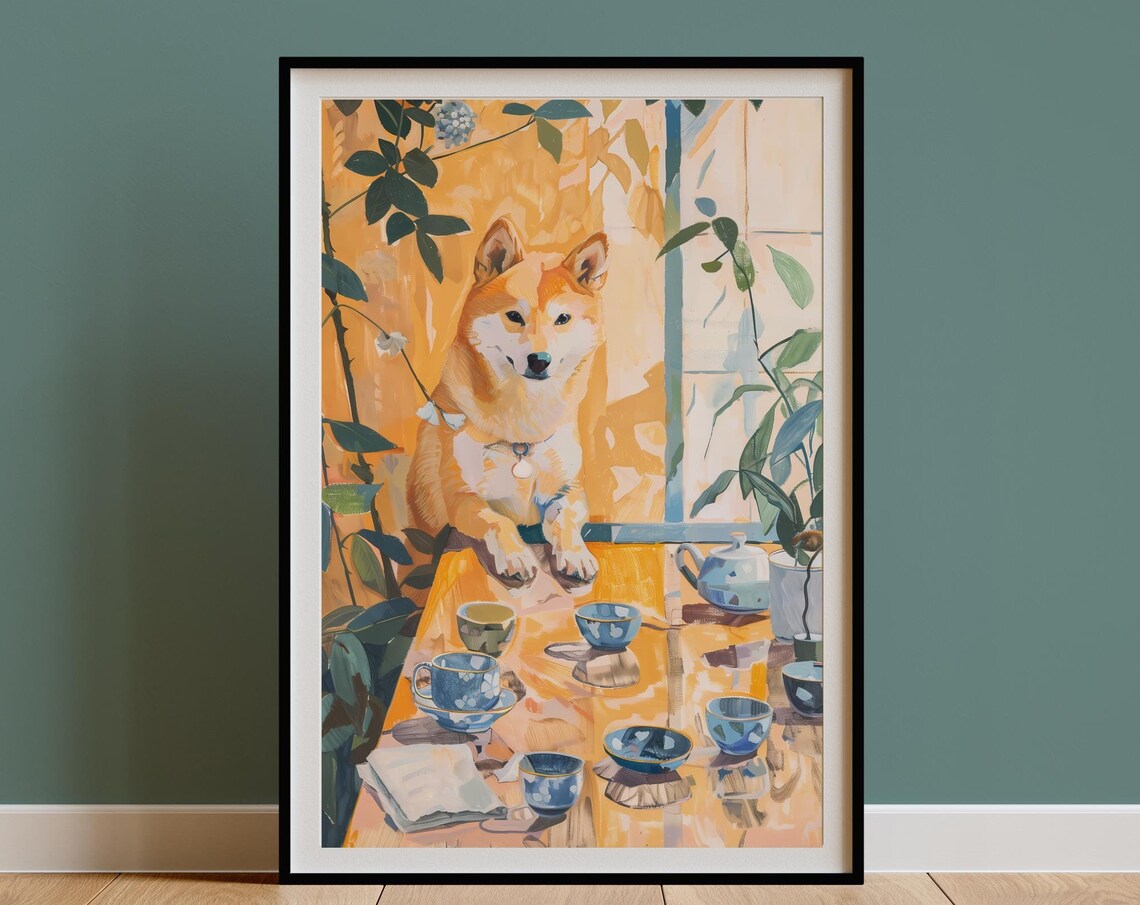 Retro Shiba Inu Dog Coffee Illustration Poster