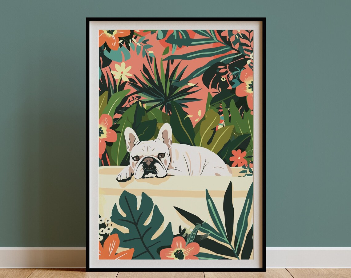 White French Bulldog Lounging in Bath Tropical Floral Art Poster