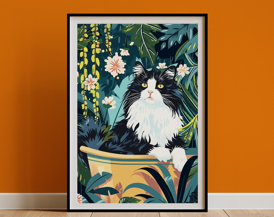 Black and White Long Haired Cat Bathtub Jungle Animal Poster - Image 3