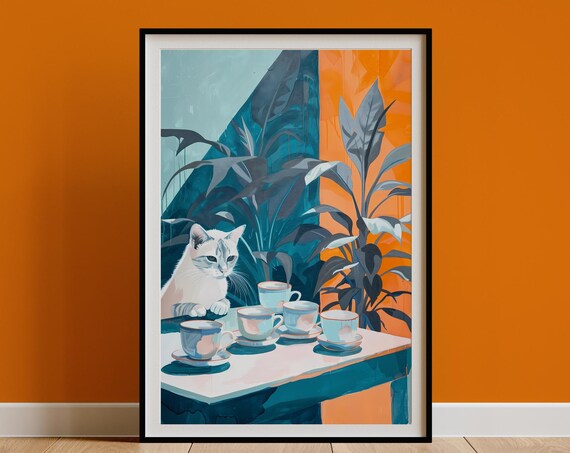 White Cat and Five Teacups Bold Painterly Kitchen Art Poster