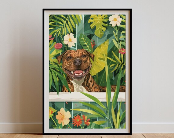 Brindle Staffy Wall Art Jungle Bathtub Tropical Print Maximalist Botanical Decor Eclectic Staffie Poster Staffordshire Owner Gift