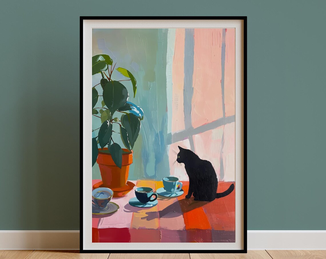 Retro Black Cat Tea Cups Art Print, Kitchen Decor