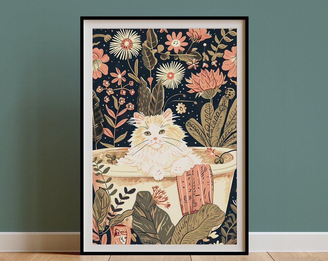 White Persian Cat in Bathtub Midnight Garden Floral Wall Poster - Image 3