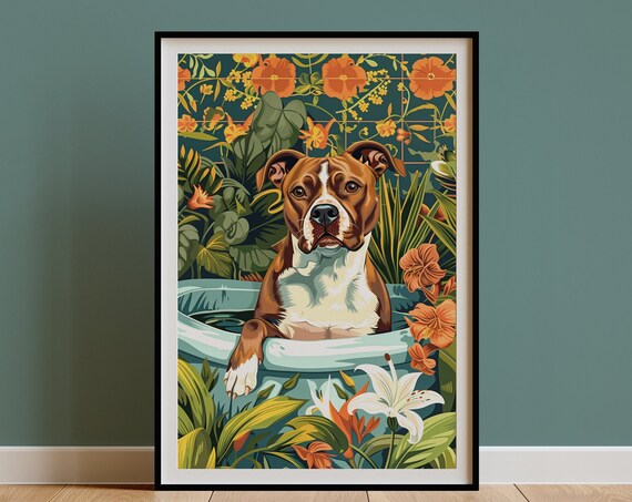 Brown Amstaff Wall Art Red Fawn Staffy Poster Jungle Bathtub Tropical Print Maximalist Botanical Decor Staffordshire Owner Gift
