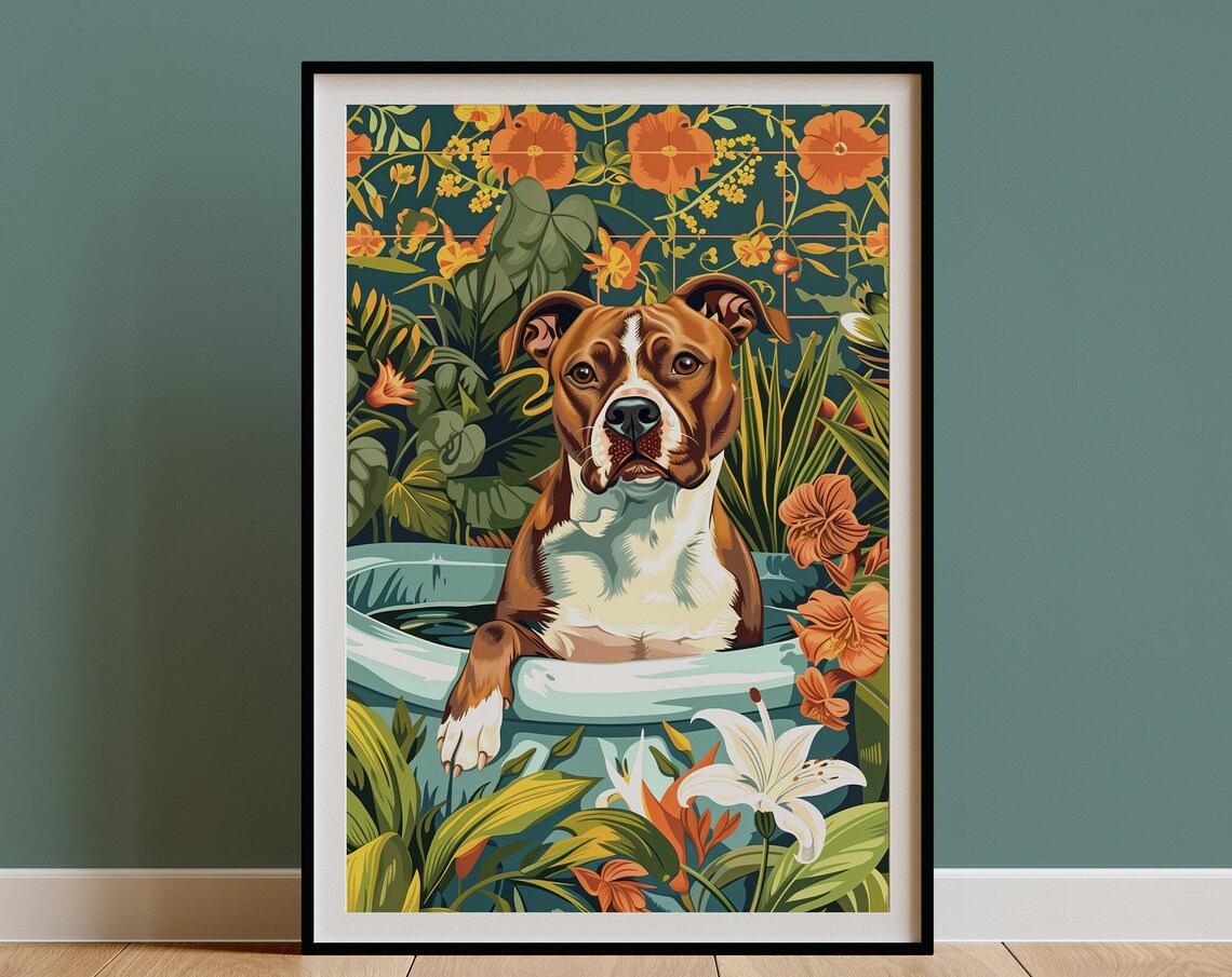American Staffordshire Terrier in Bathtub Tropical Floral Funny Poster