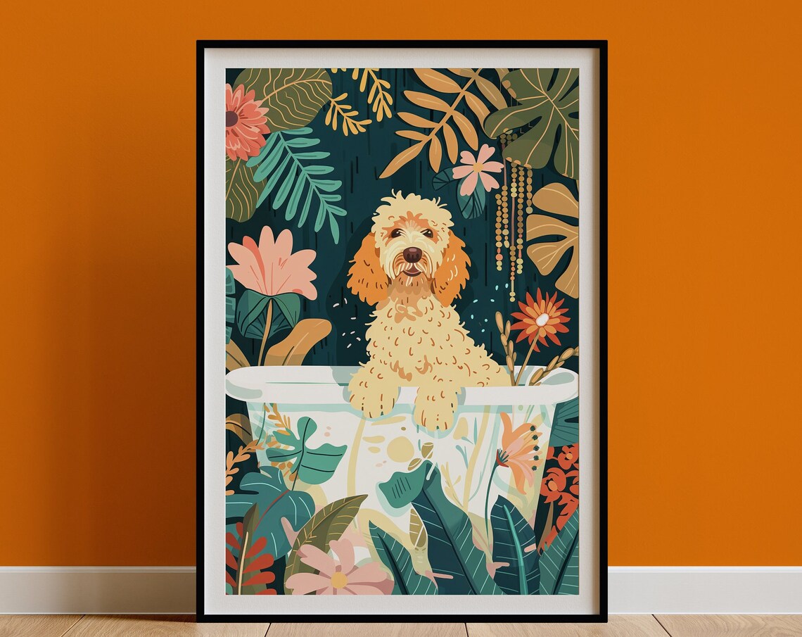 Goldendoodle Boho Jungle Bathtub Wall Art Print
