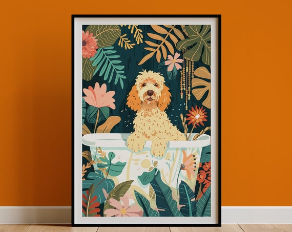 Goldendoodle Boho Jungle Bathtub Wall Art Print