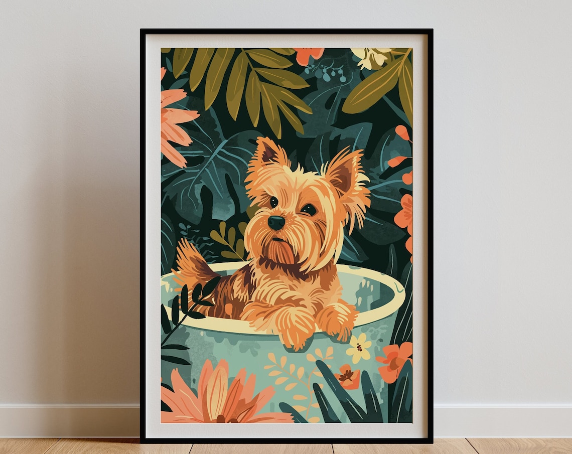 Yorkie Wall Art, Boho Tropical Botanical Poster