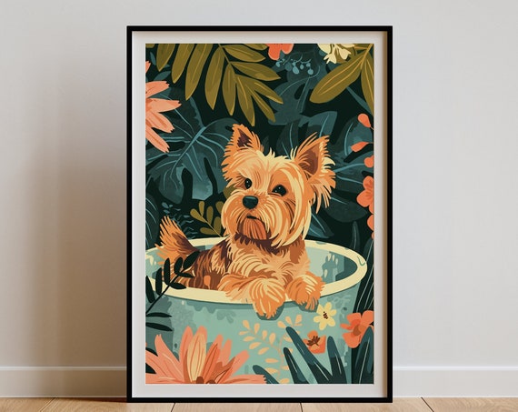 Yorkie Wall Art, Boho Tropical Botanical Poster