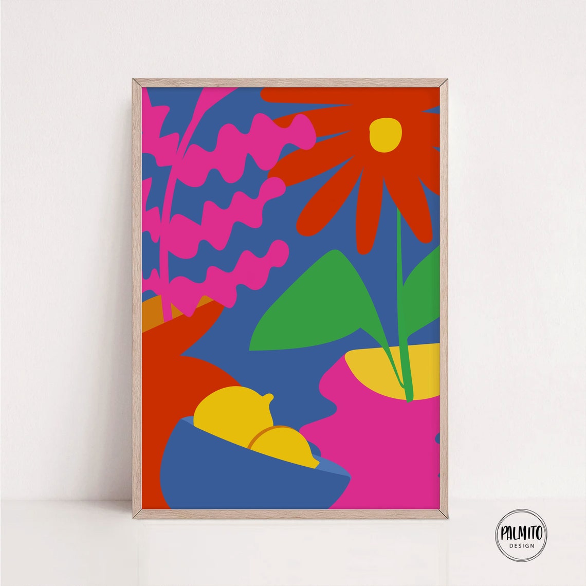 Bold Pop Art Red Daisy Blue Background Citrus Still Life Poster