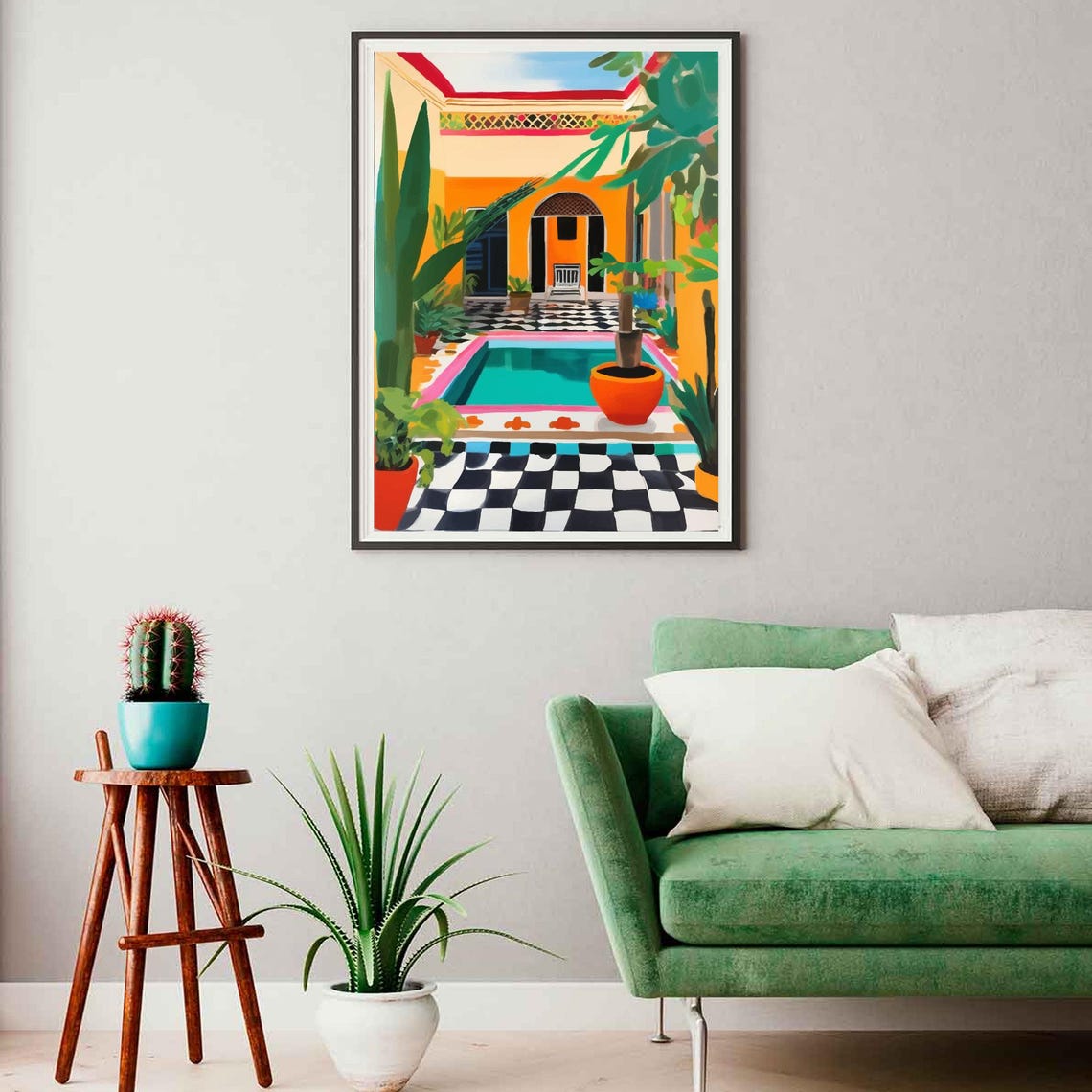 Mediterranean Riad Courtyard Pool Checkered Tile Oasis Art Poster - Image 2