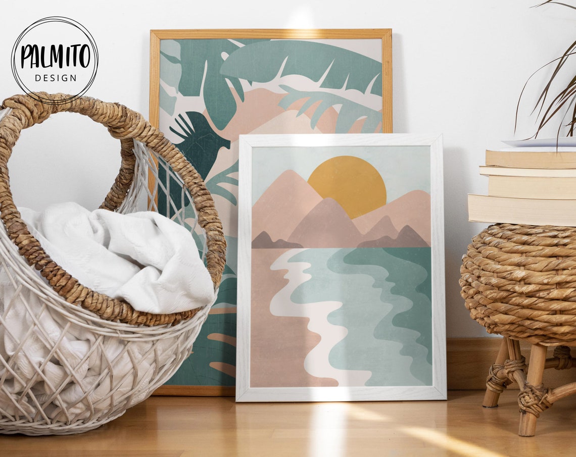 Ochre Sun Blush Mountains Teal Wavy Water Boho Landscape Poster - Image 2