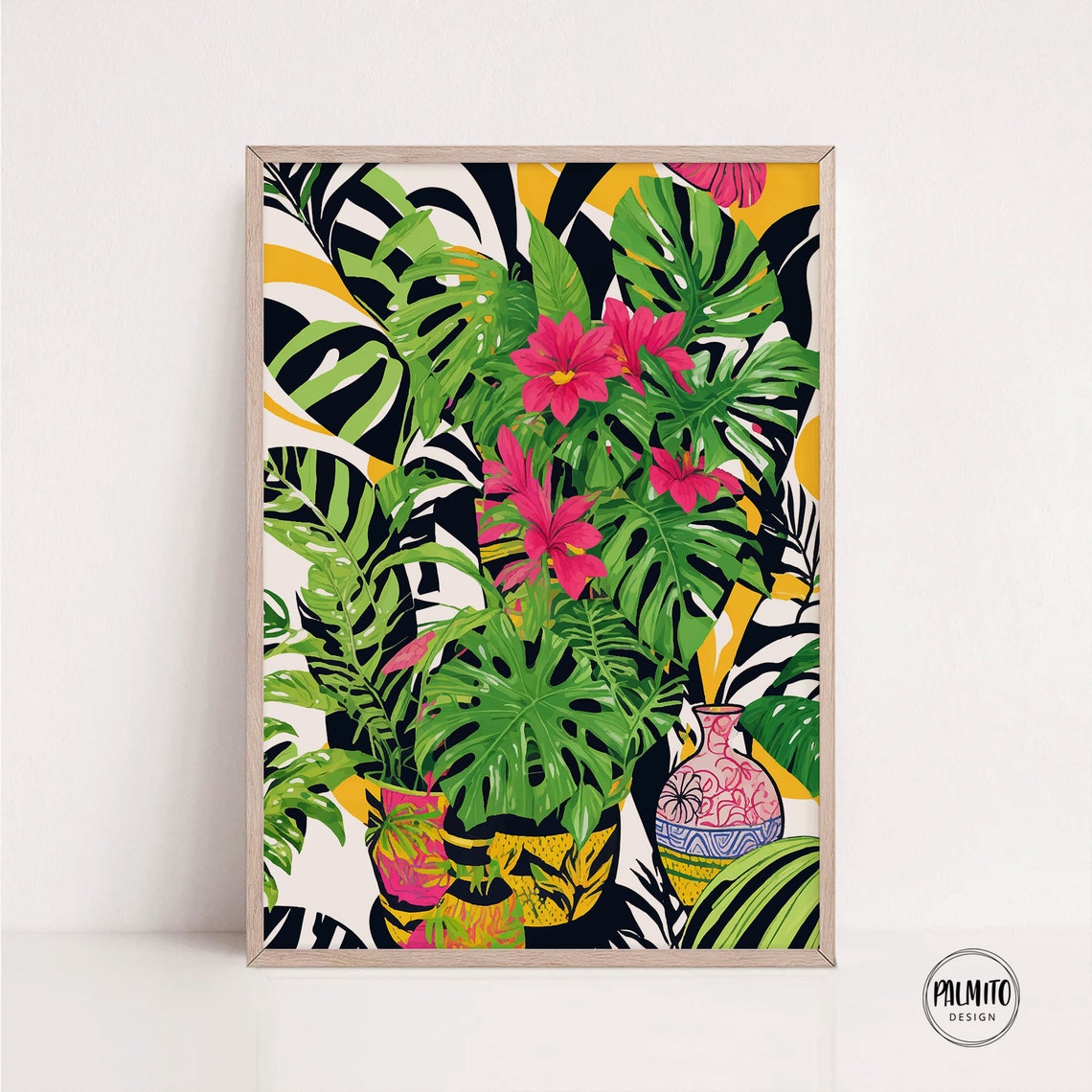 Monstera and Pink Dahlias Striped Botanical Bouquet Art Poster