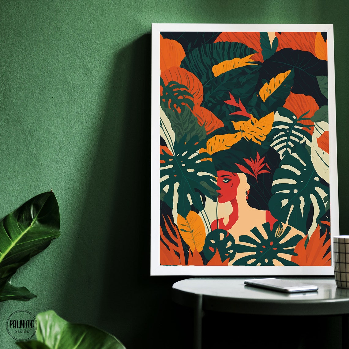 Woman in Dark Tropical Jungle Autumn Leaves Modern Art Poster - Image 2
