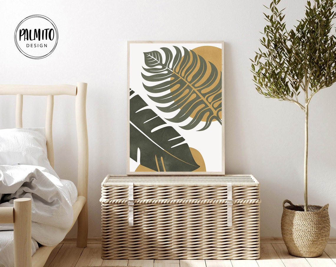 Boho Tropical Palm Leaf Olive Green Mustard Abstract Wall Decor Poster - Image 2