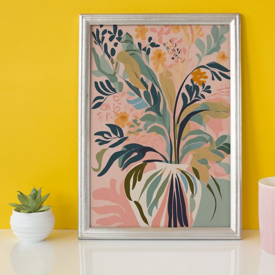 Soft Pastel Botanical Bouquet in Vase Floral Illustration Poster - Image 2