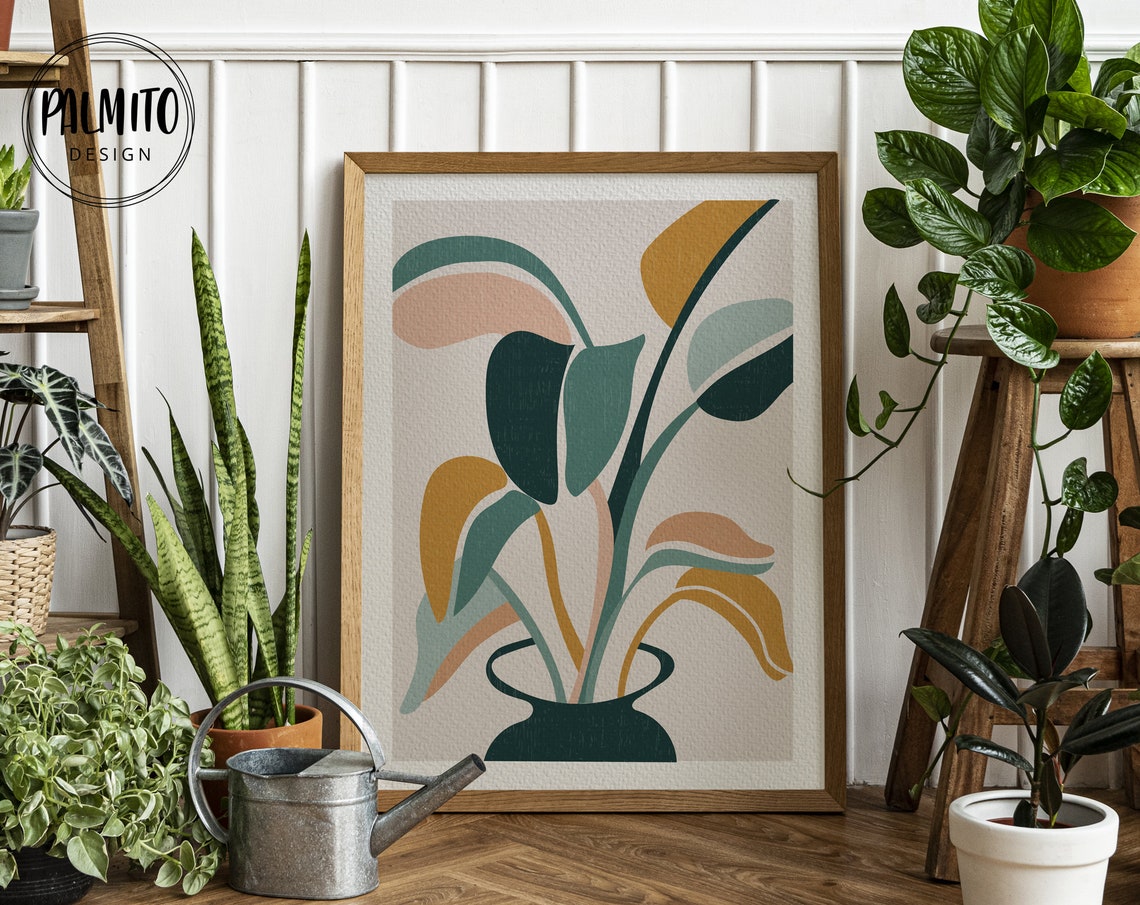 Abstract Boho Plant Vase Organic Leaf Shapes Colorful Wall Art - Image 2