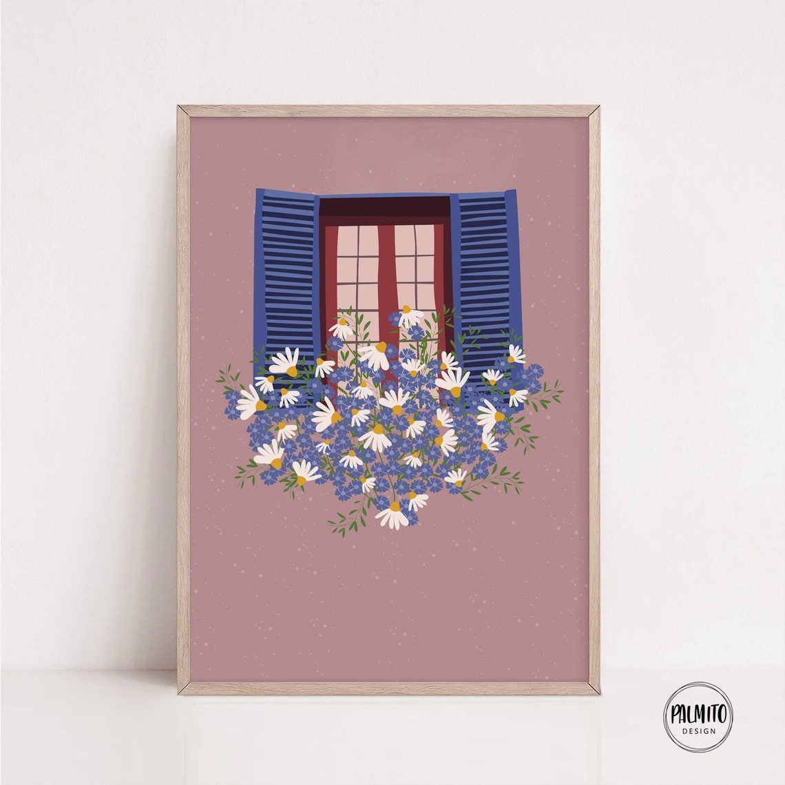 Blue Shutter Window with Daisies Pink Floral Illustration Poster - Image 2