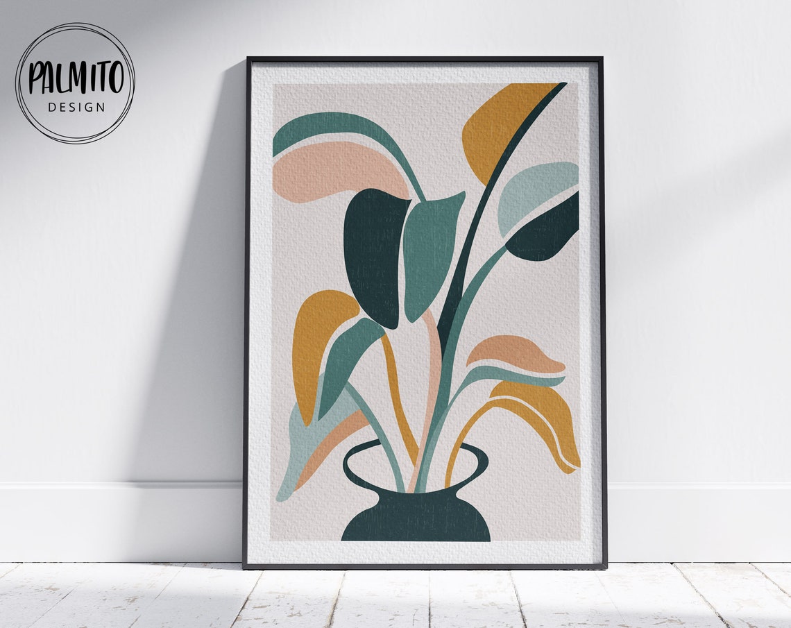 Abstract Boho Plant Vase Organic Leaf Shapes Colorful Wall Art