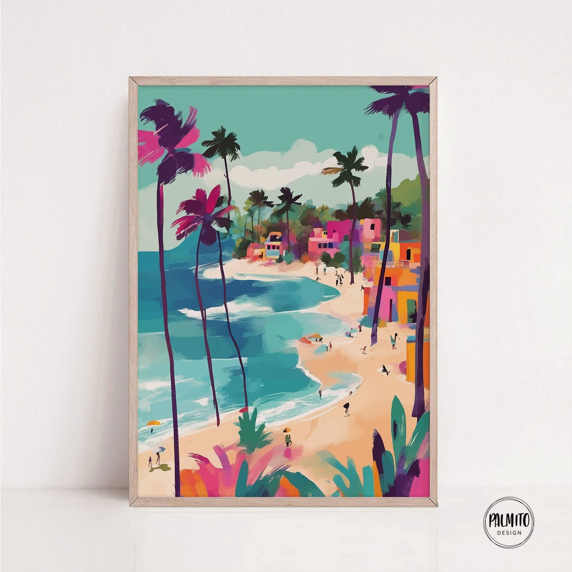 Pink Palm Trees Tropical Beach Cove Turquoise Water Art Poster