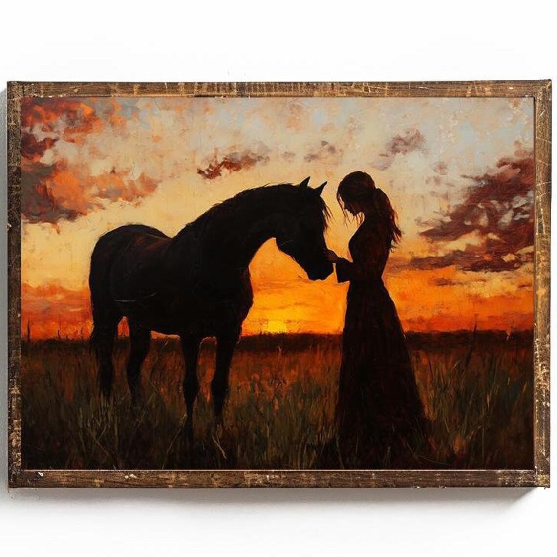 Woman And Horse Silhouette At Sunset Field Equestrian Scene Poster