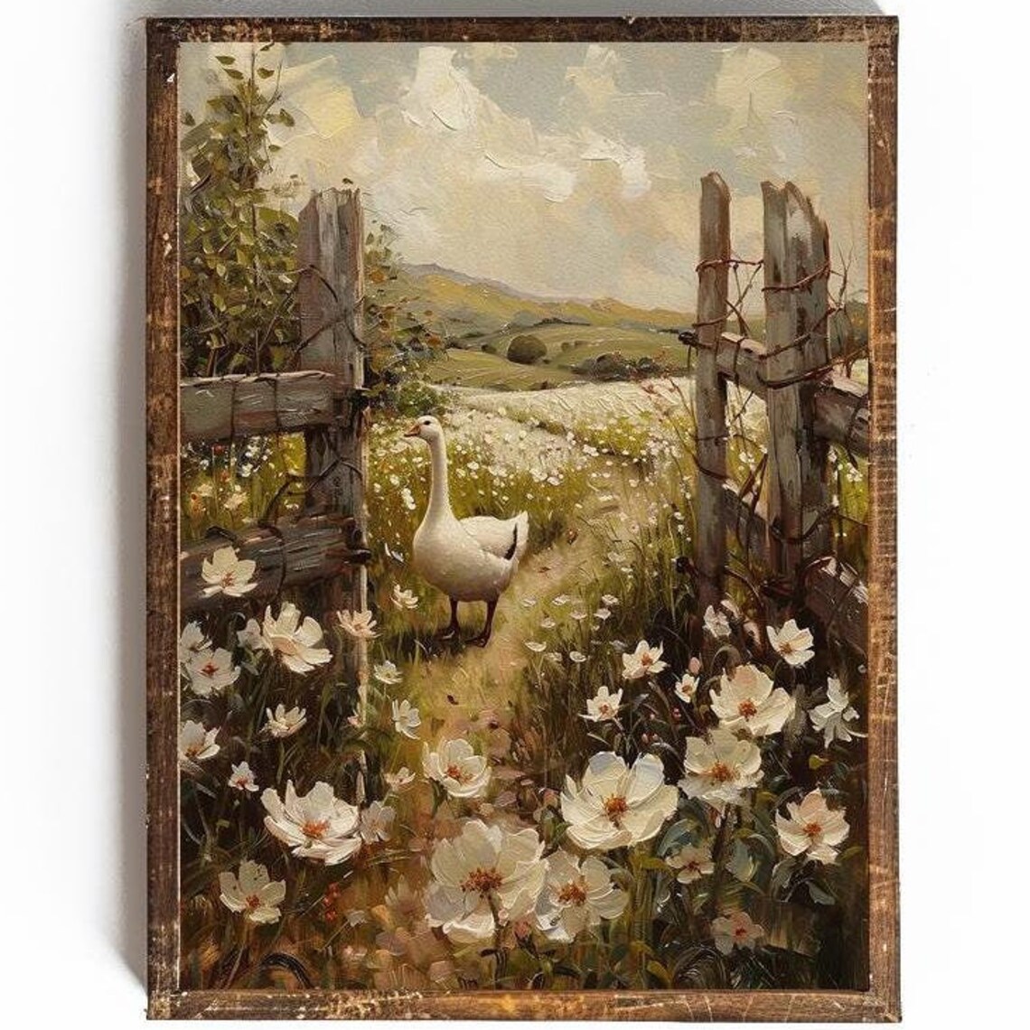 White Goose on a Flower Path by a Farmhouse Fence Art Poster