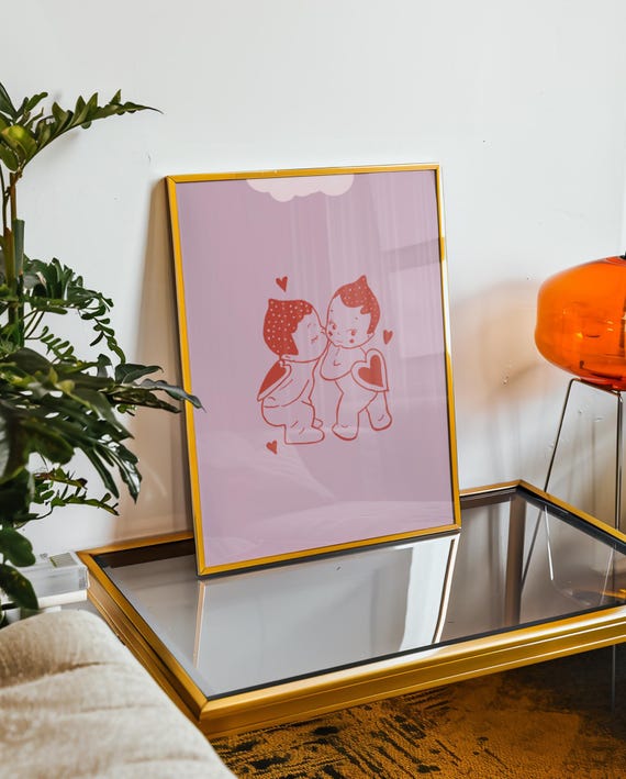Love Bugs Minimalist Print Cute Couple Illustration Valentines Day Decor Red Pink Poster