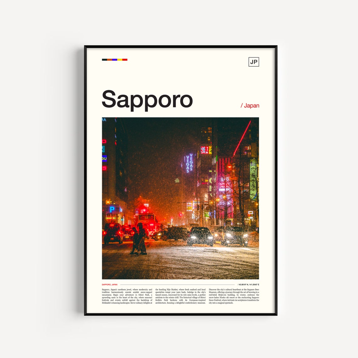 Sapporo Snowy Neon Night Street Japan Winter City Lights Photo Poster