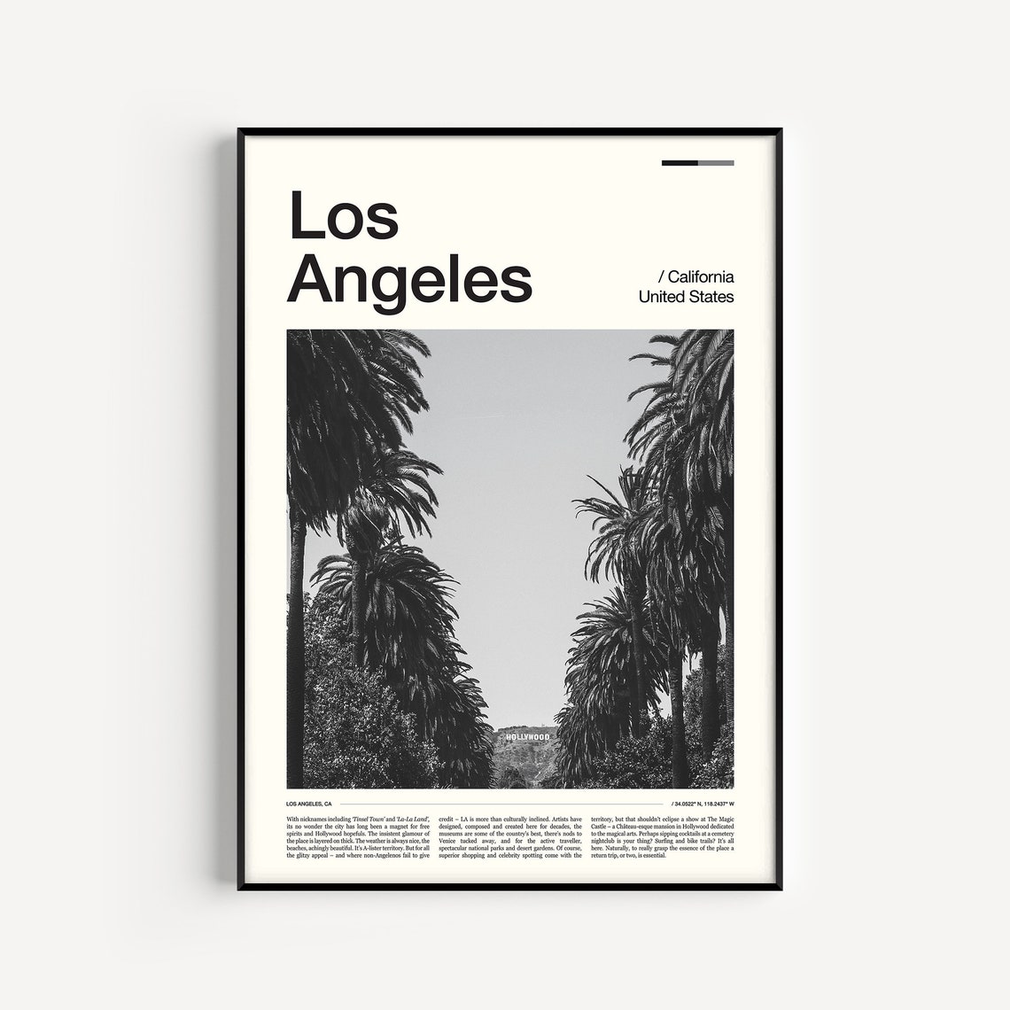 Los Angeles Hollywood Sign Palms Black White City Art Poster