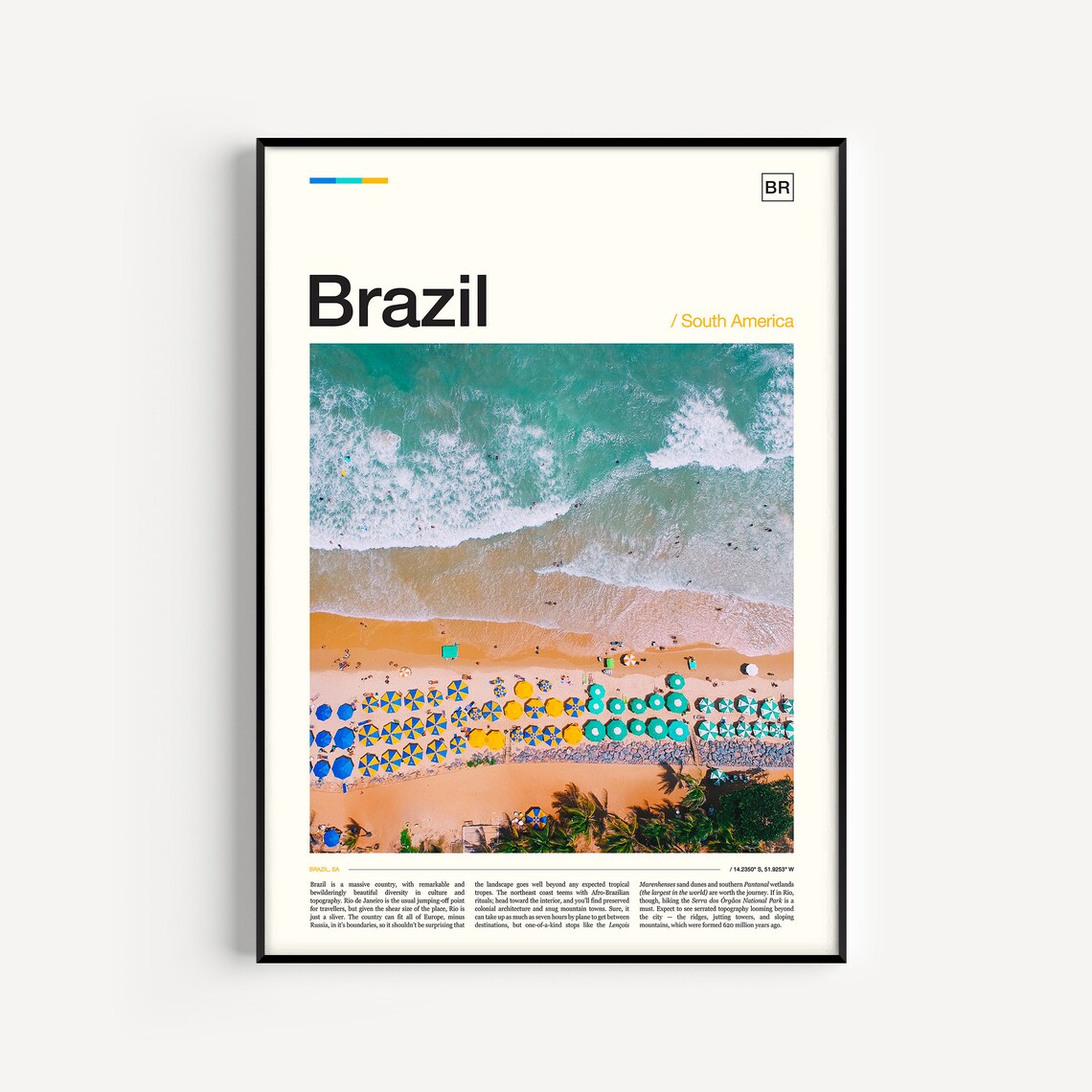 Brazil Beach Aerial Colorful Umbrellas Turquoise Waves Travel Poster