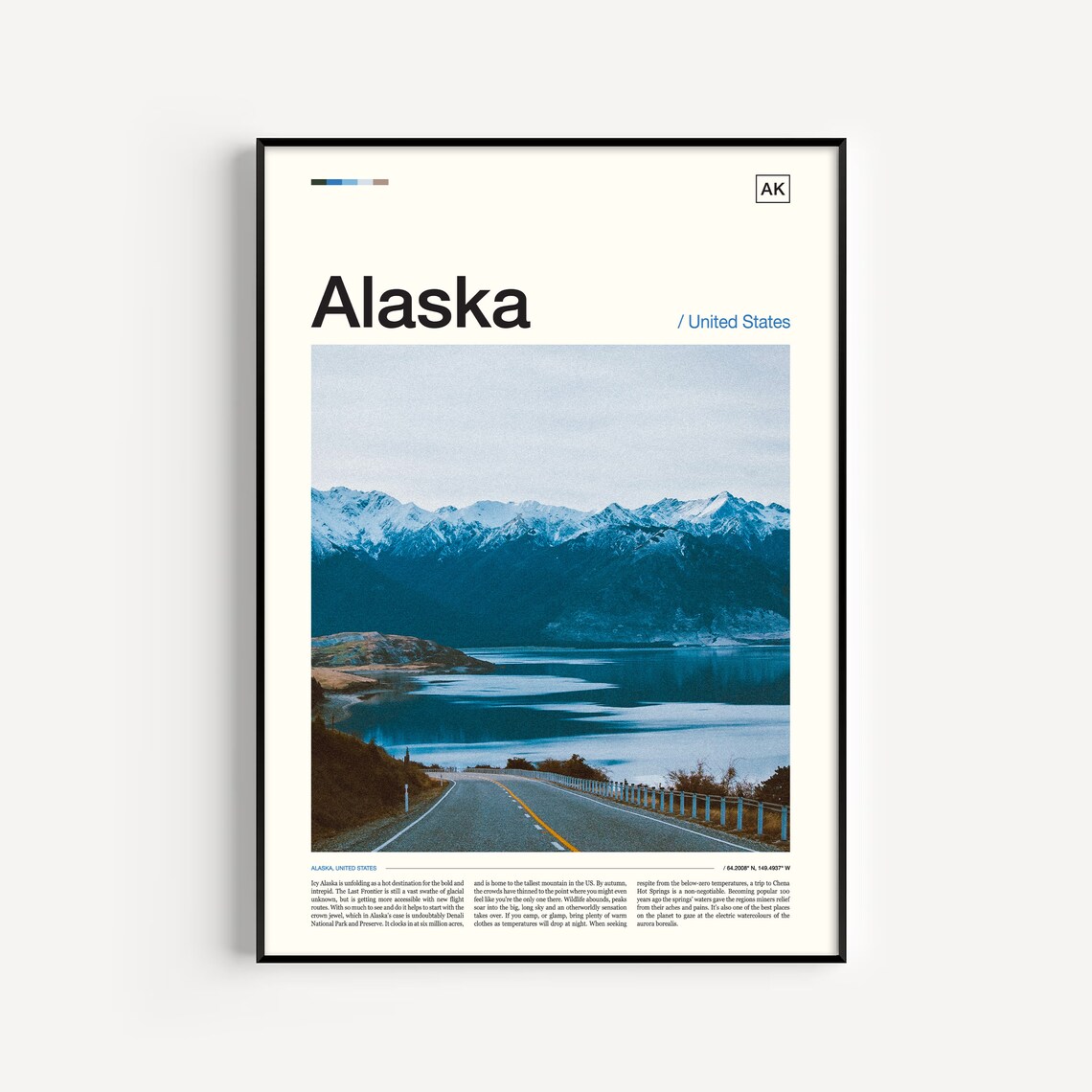 Alaska United States Snowy Mountain Road Lakeside View Photo Poster