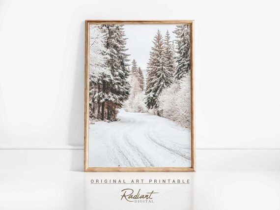 Snowy Country Road Through Tall Pines Winter Watercolor Poster