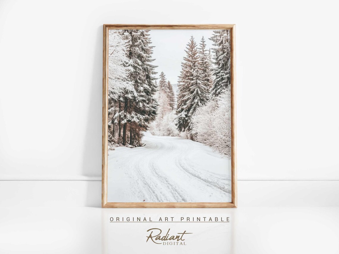 Snowy Country Road Through Tall Pines Winter Watercolor Poster