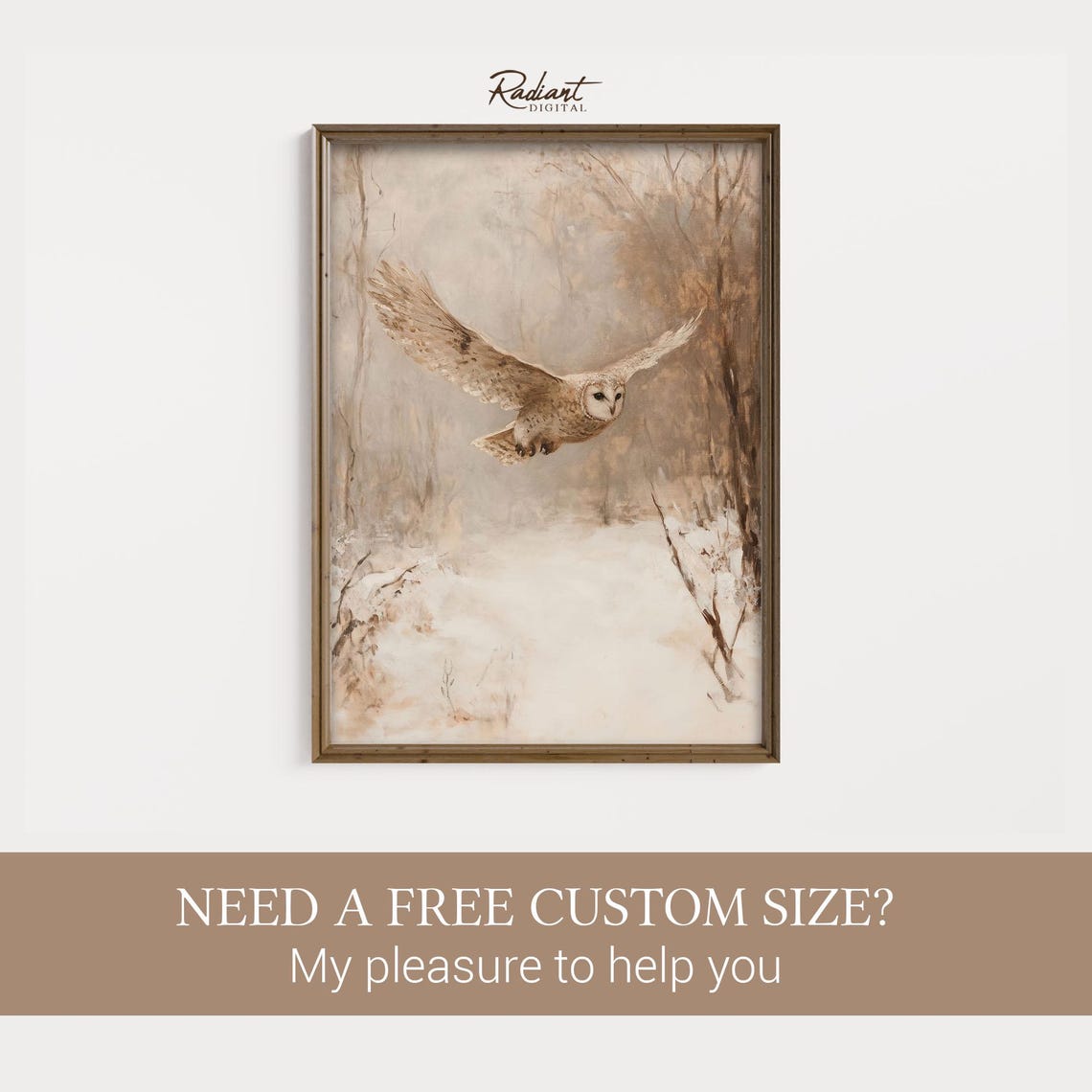 Owl Gliding over Snowy Woodland Path Misty Warm Winter Poster - Image 2