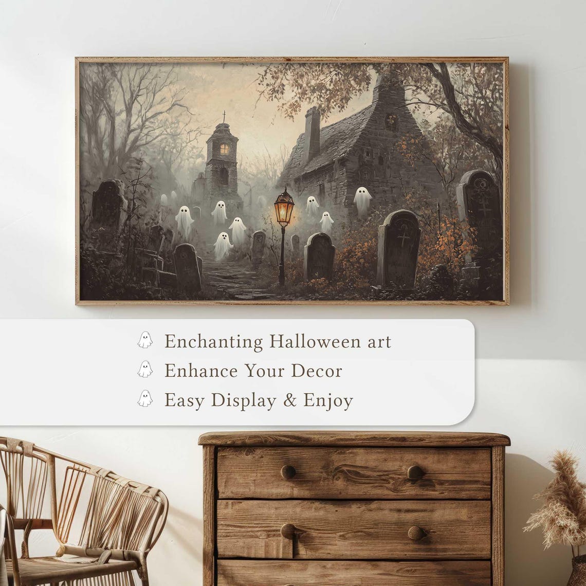 Spooky Graveyard Ghosts Haunted Church Halloween Night Wall Art - Image 4