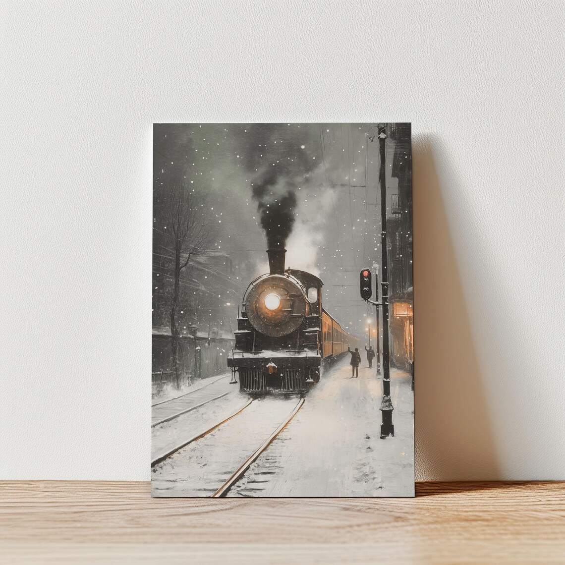Vintage Steam Train in Snowy City Street Glowing Night Poster - Image 3