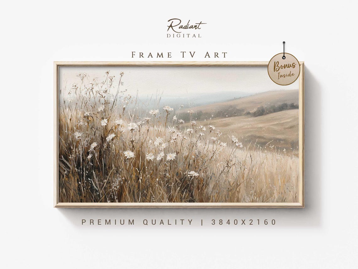 Neutral Wildflower Field Tall Grasses Misty Hills Rustic Wall Art