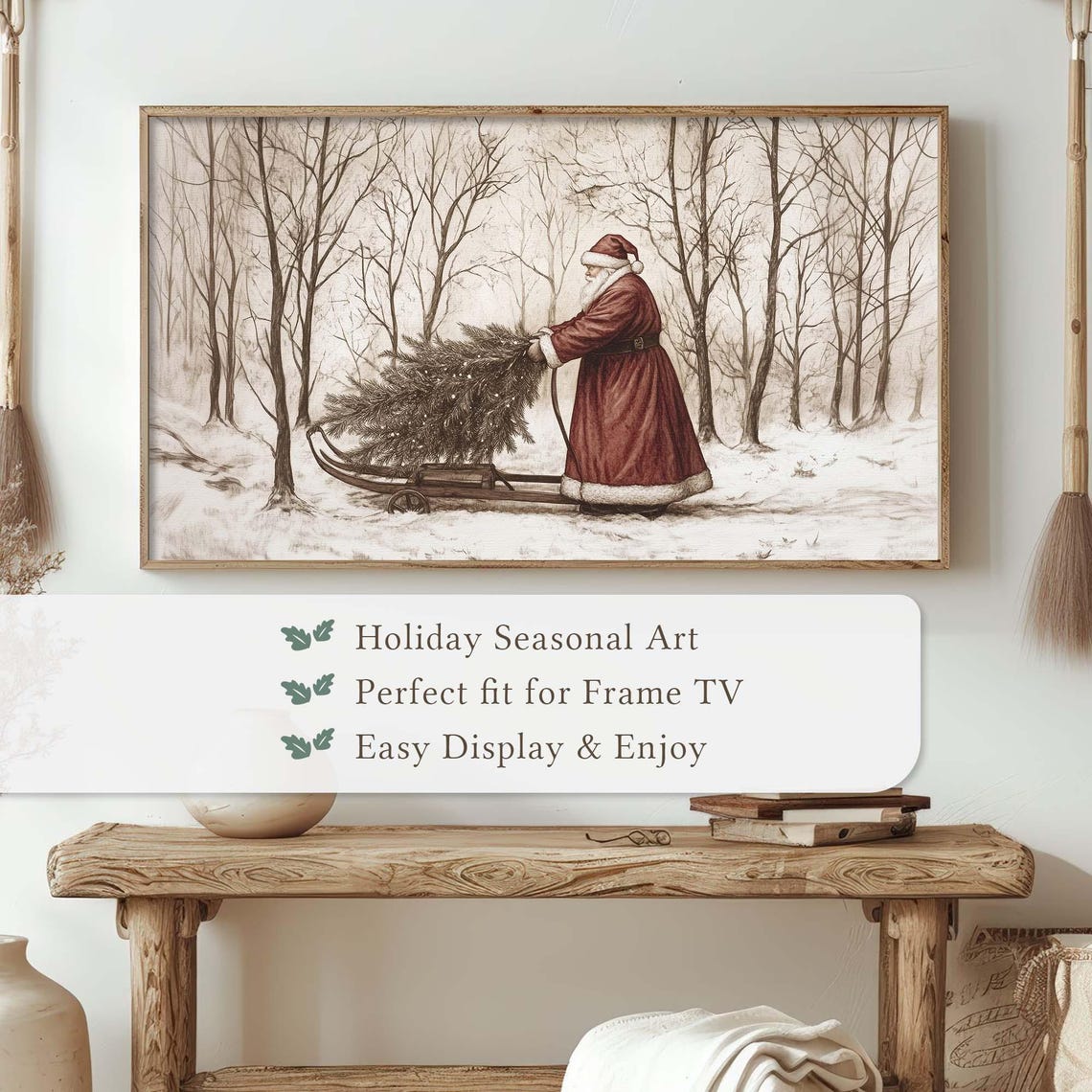 Santa Pulling Tree Sled through Bare Winter Forest Sketch Poster