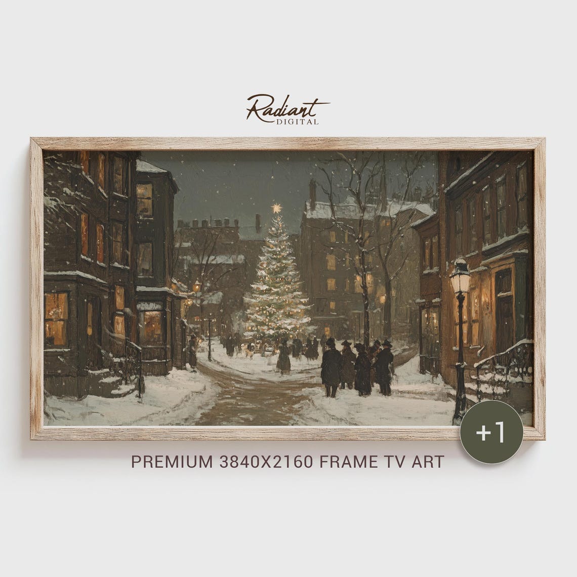 Victorian Snowy Street at Night with Glowing Christmas Tree Poster