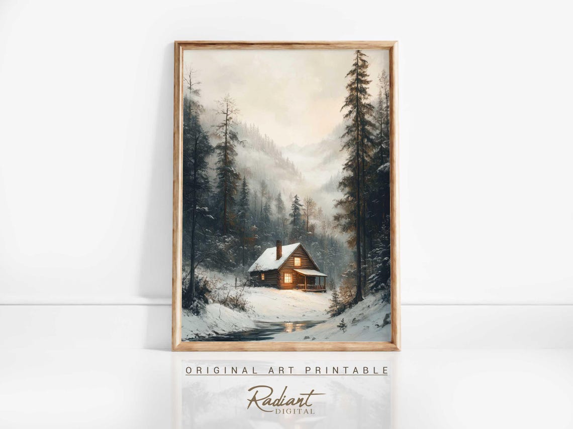 Snowy Log Cabin in Pine Forest with Warm Glowing Light Poster