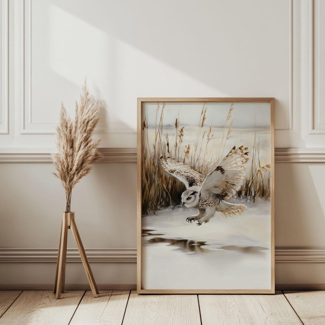Snowy Owl Diving over Frozen Pond Golden Reeds Warm Sepia Poster - Image 3