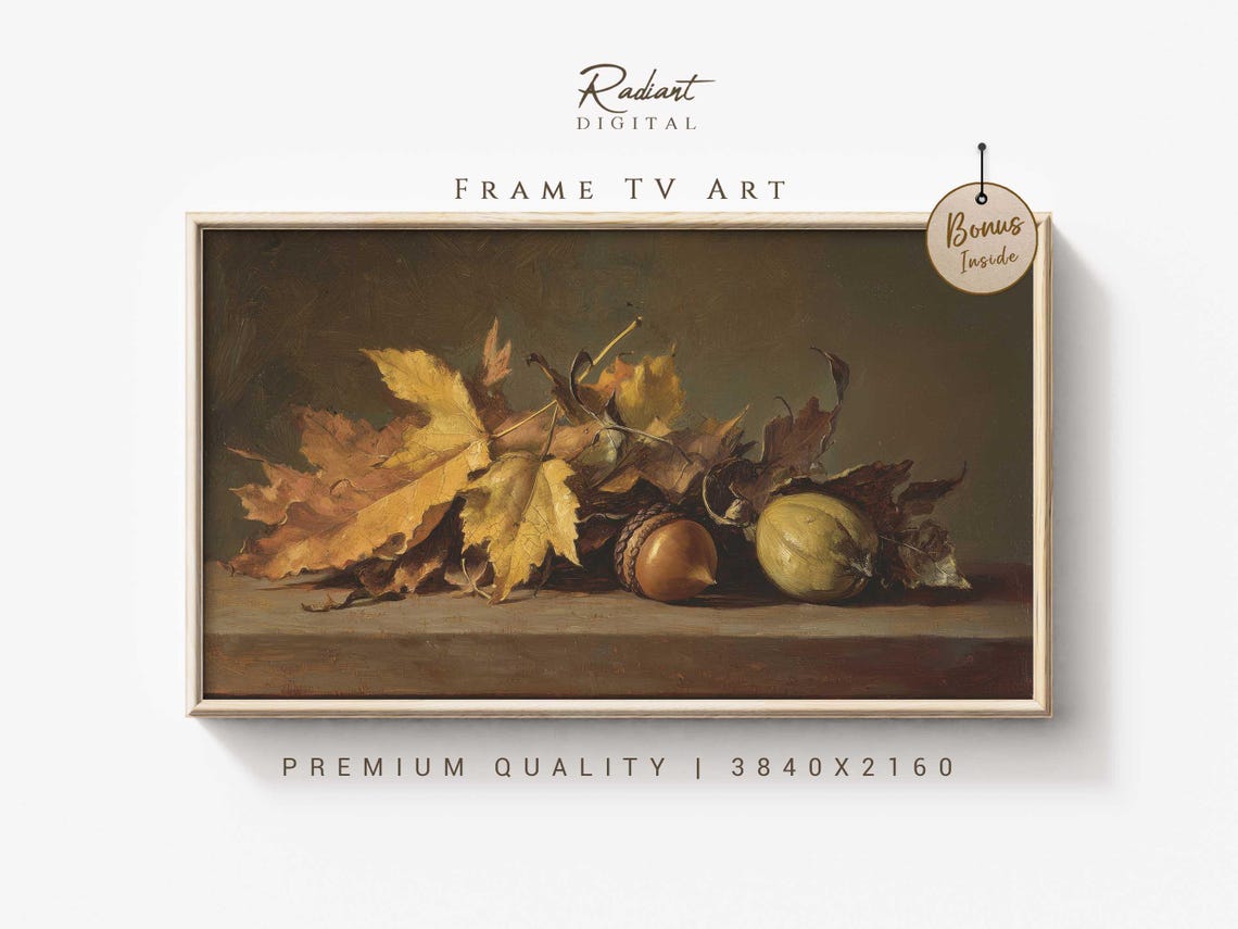 Autumn Leaves Acorns Still Life Rustic Fall Painting Wall Art
