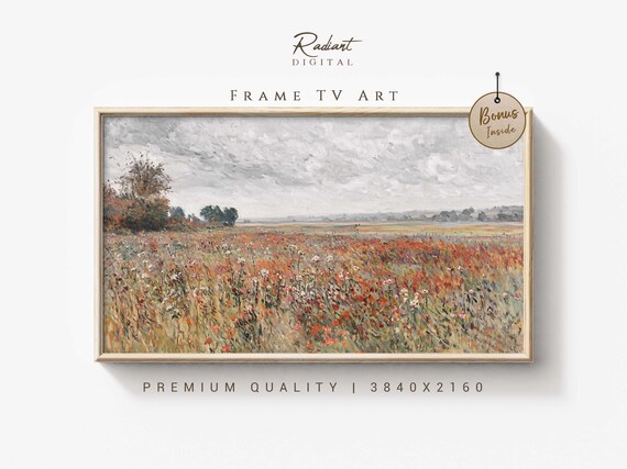 Windy Poppy Meadow Under Cloudy Sky Impressionist Floral Poster