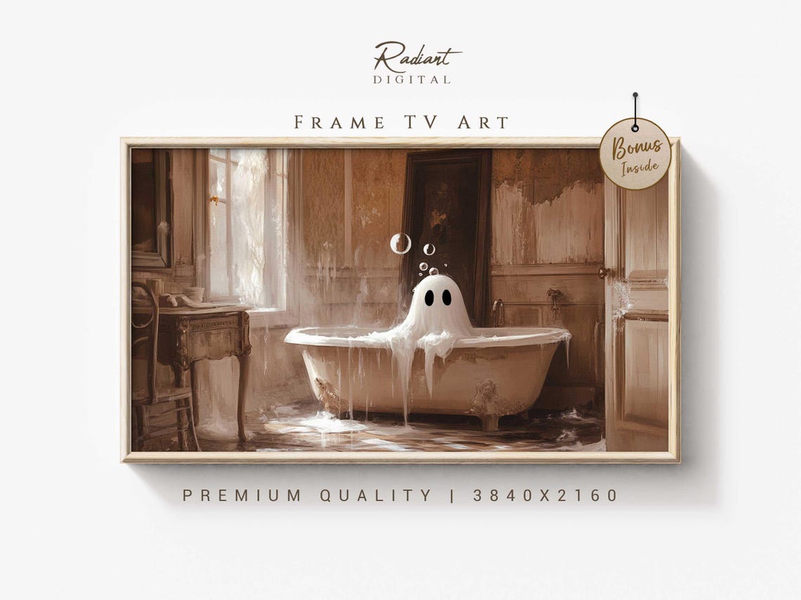 Cute Ghost Soaking in Bubble Bath Vintage Bathroom Funny Poster