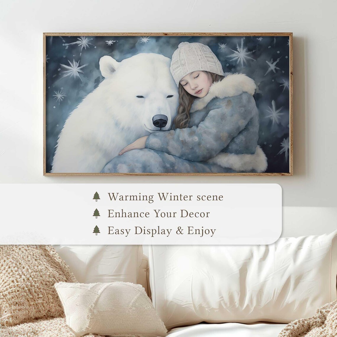 Girl Hugging Polar Bear Snowy Winter Night Watercolor Art Poster - Image 4