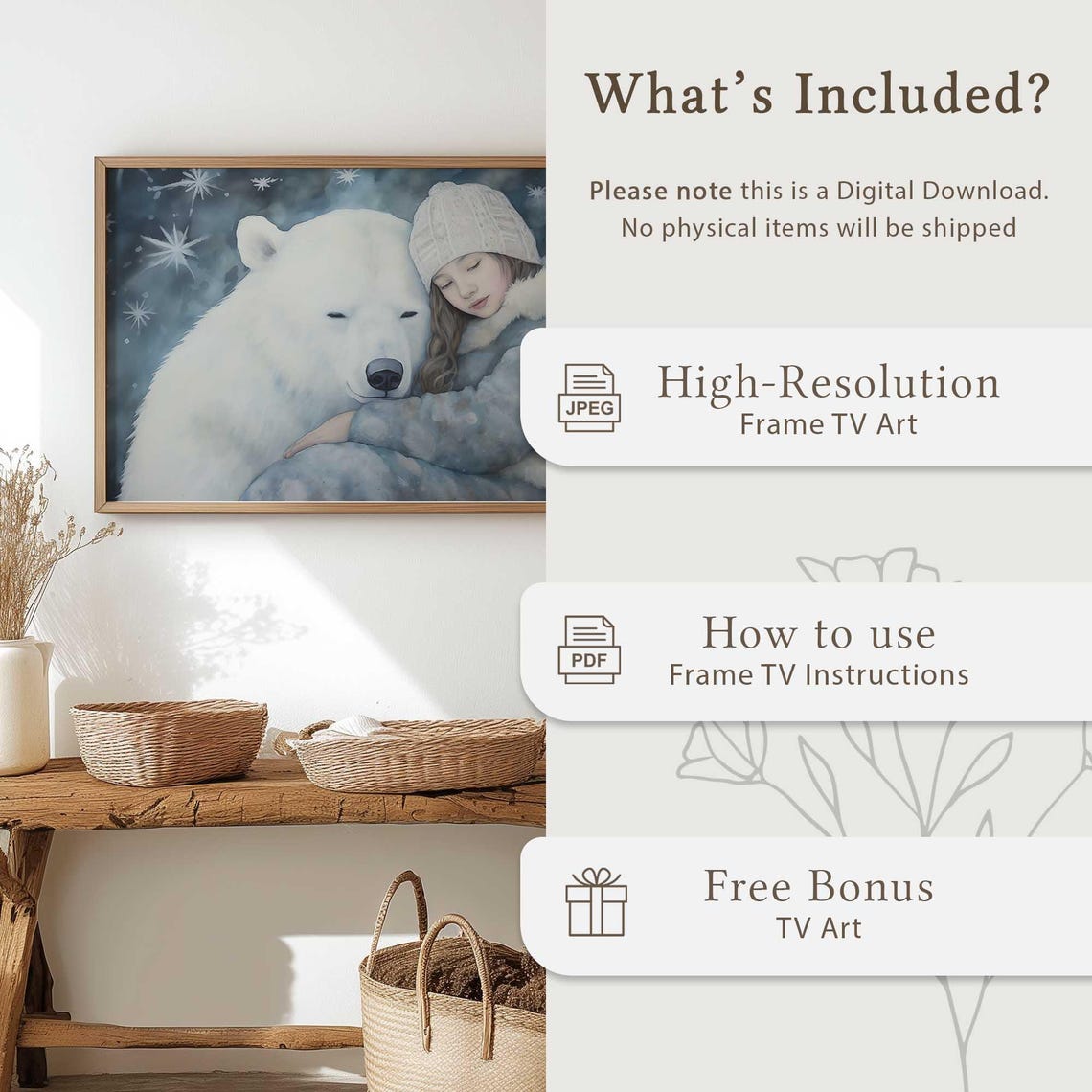 Girl Hugging Polar Bear Snowy Winter Night Watercolor Art Poster - Image 5