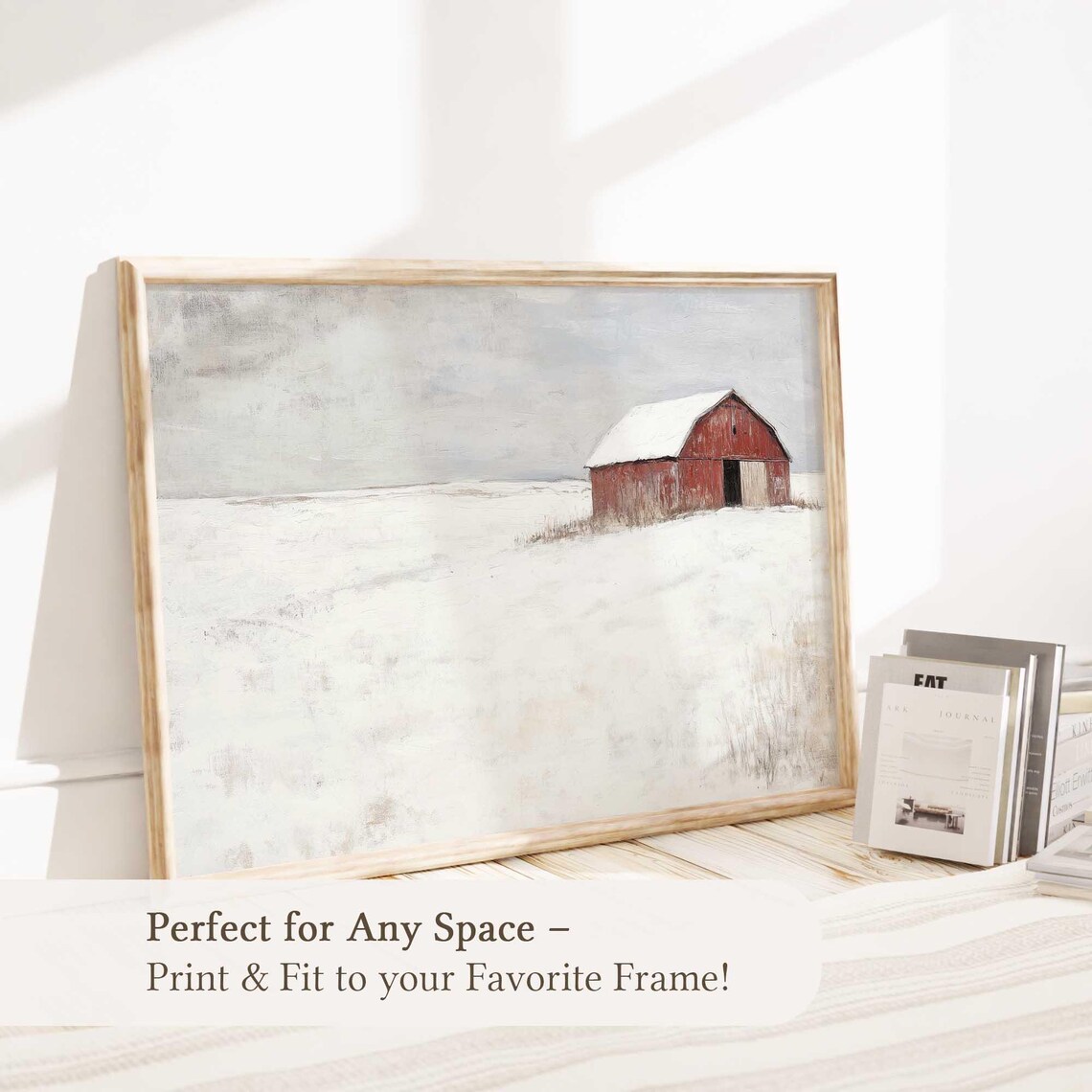 Lone Red Barn in Snowy Field Minimalist Winter Farmhouse Watercolor Poster - Image 5
