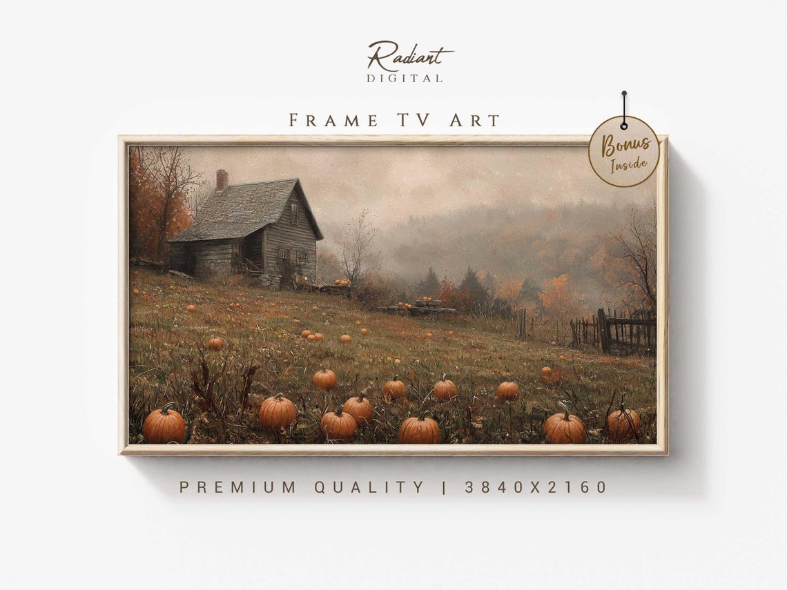 Pumpkin Field Rustic Barn Misty Autumn Morning Farm Art Poster