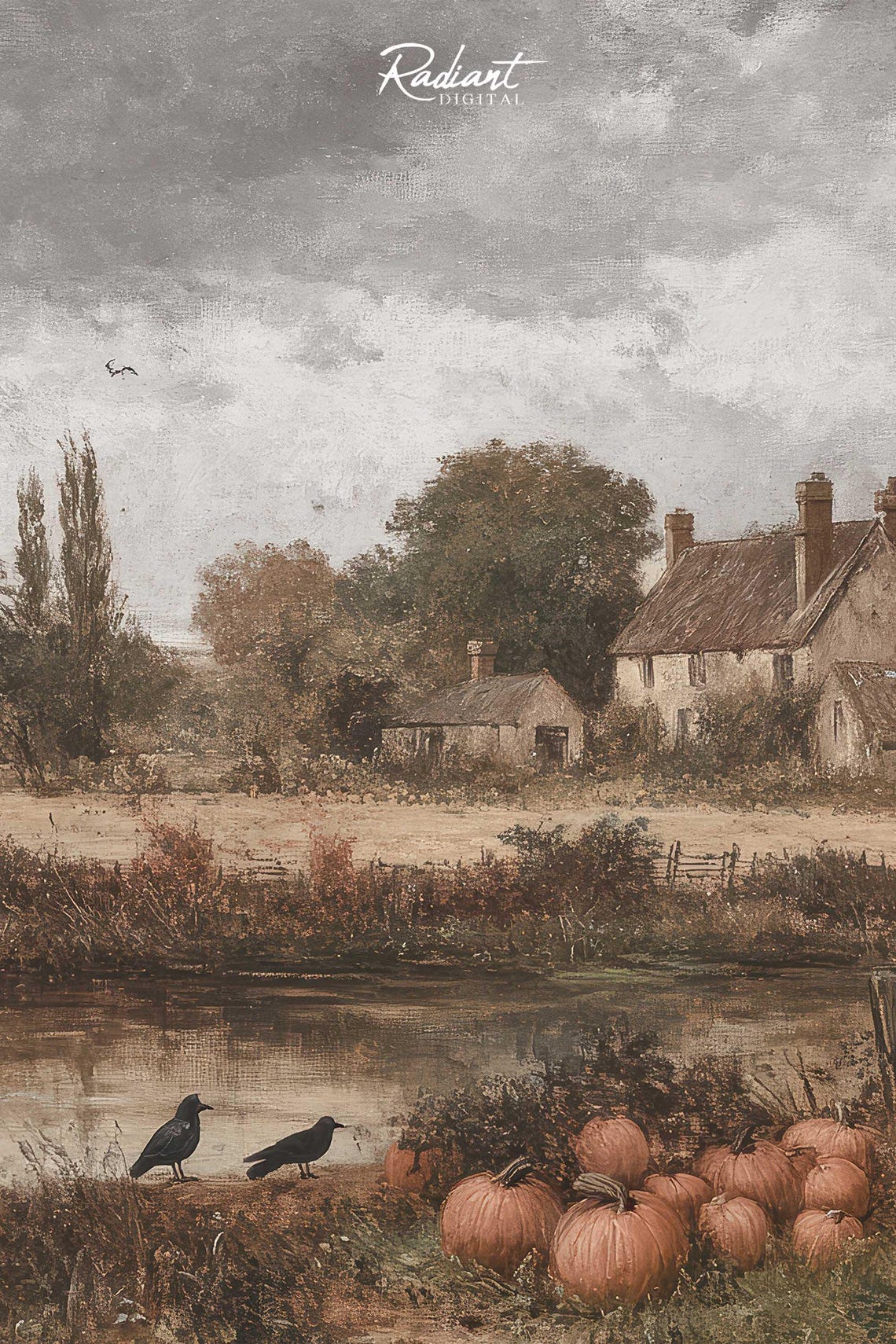 Old Rustic Farmhouse by Pond Pumpkins Crows Autumn Scene Poster - Image 3
